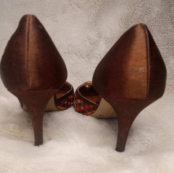 Chinese Laundry North D'Orsay Chocolate Brown Gold Orange Woven Boho Silk Heel - Picture 5 of 7